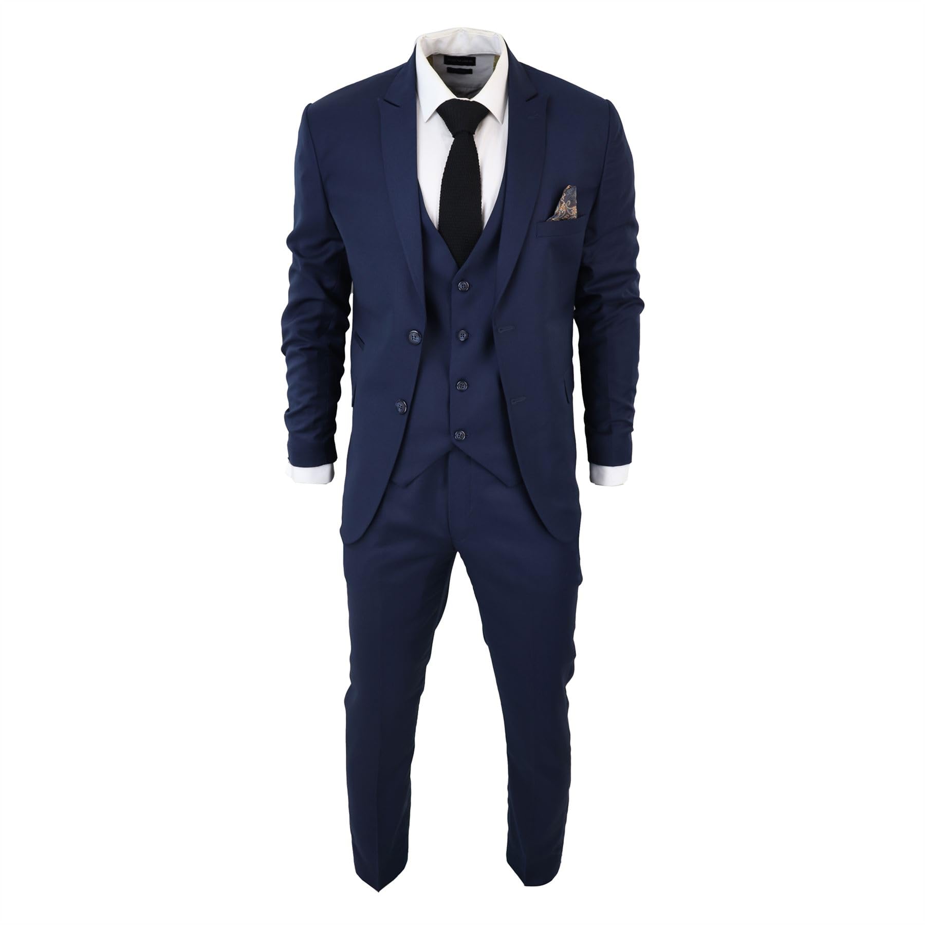 Men's Classic Navy Blue Suit 3 Piece Tailored Fit Vintage Office Wedding Prom - Navy 40