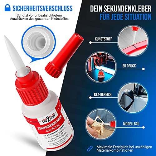 Sekundenkleber extrem stark 20g - hochfester Cyanacrylat Kleber - wasserfest, dünnflüssig, hitzebeständig, Industriequalität - Spezial Verschluss Top2Glue