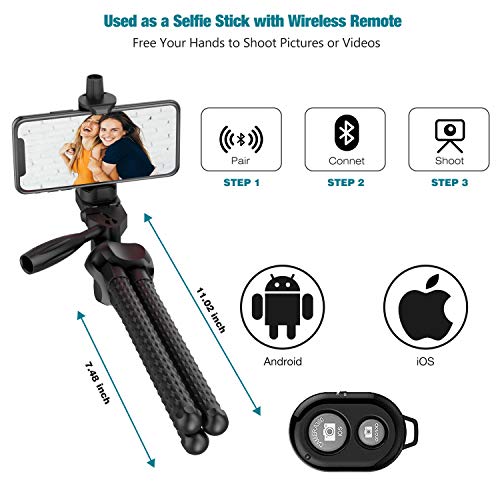 Phone Tripod Flexible Upgraded, 11" Portable Cell Phone Camera Travel Tripod Stand with Wireless Remote Shutter and Universal Phone Mount, Compatible with iPhone, Android Phones, Sports Camera GoPro - Thumbnail 3