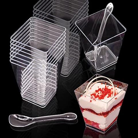 VicBou 50Pcs Dessert Cups with Spoon 5.27 oz/150 ml, Clear Pudding Cups Plastic, Reusable Square Dessert Pots Cube, for for Parties Thanksgiving, Christmas, New Year, Birthday, Wedding Cover