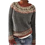 Fair Isle Sweater Women Retro Nordic Vintage Print Icelandic Lightweight Pullover Tops 2025 Fall Winter Casual Loose Long Sleeve Boat Neck Knit Sweaters(A-Light Gray,XX-Large)