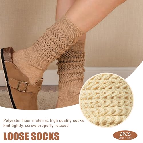 2Pairs Womens Scrunch Socks Extra Long Breathable & Soft Girls Slouch Socks Free Size Beige & Camel Tube Women for Girls Children Shoes Supplies Womens Scrunch2