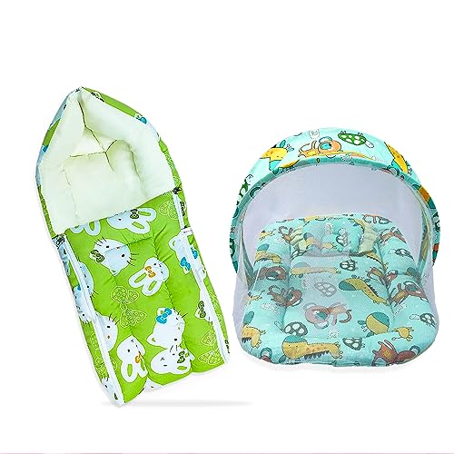 Image of MOM & Son Baby Bedding Set Mattress with Net & Baby Sleeping Bag (0-3 Months) (Green Kitty & Green)