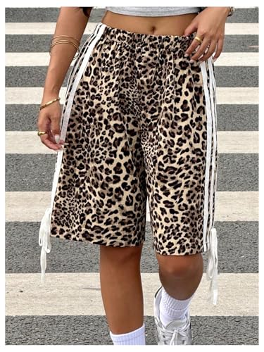 SHENHE Girl's Leopard Print Striped Bow Shorts Y2k Elastic Waist Casual Workout Bermuda Shorts2