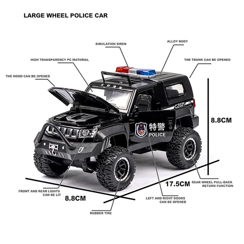 Image of Kids Model 1:32 Police Jeep Die Cast Metal Car Pull Back Action Opening Doors with Realistic Engine Sound Lights Toy Car Boys - (Multicolor)