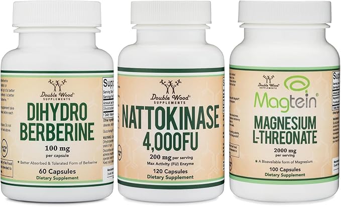 Double Wood Supplements Dihydroberberine 100mg (60 Capsules), Nattokinase 4000 FU (120 Capsules), Magnesium L Threonate 2000mg (100 Capsules) | High Strength Herbal Supplement | Clean Label Ayurvedic Wellness