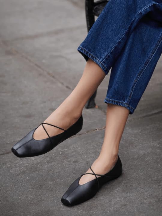 Image of Coutgo Womens Square Toe Ballet Flats Comfortable Slip On Mary Jane Flats Crisscross Strap Work Casual Shoes