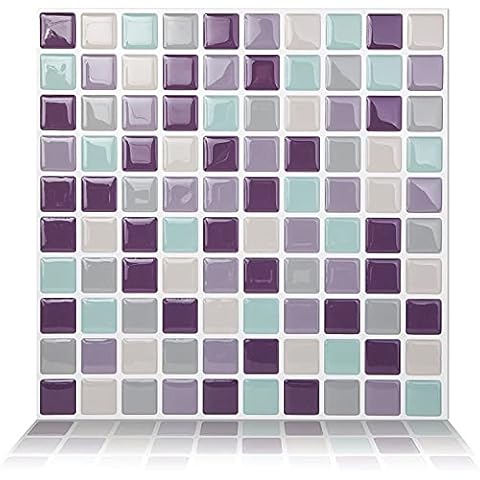 Tic Tac Tiles 25cm x 25cm, 10-Sheets Peel and Stick Self Adhesive 3D Wall Mosaic Tile Stickers for Kitchen Splashback and Bathroom - Mosaic Purplemint Cover