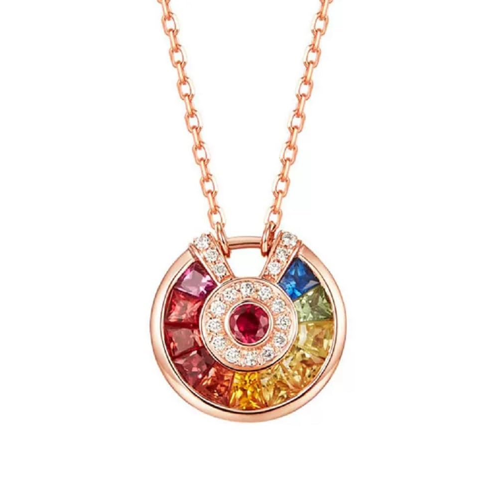 Rose Gold Pendant Necklace for Women Rainbow Multicolor Cubic Zirconia Circle Necklace Statement Prom Necklaces Round pendant Amulet Necklace for Women and her