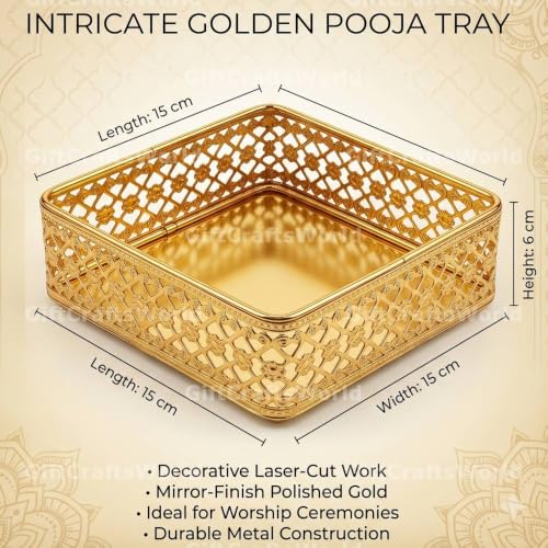 Image of Multipurpose Metal Basket For Gift Hamper, Pooja Temple Storage With Sturdy Handle, Decorative Flower Organizer & Versatile Puja Utility Accessories Home Decoration (Square Tary)