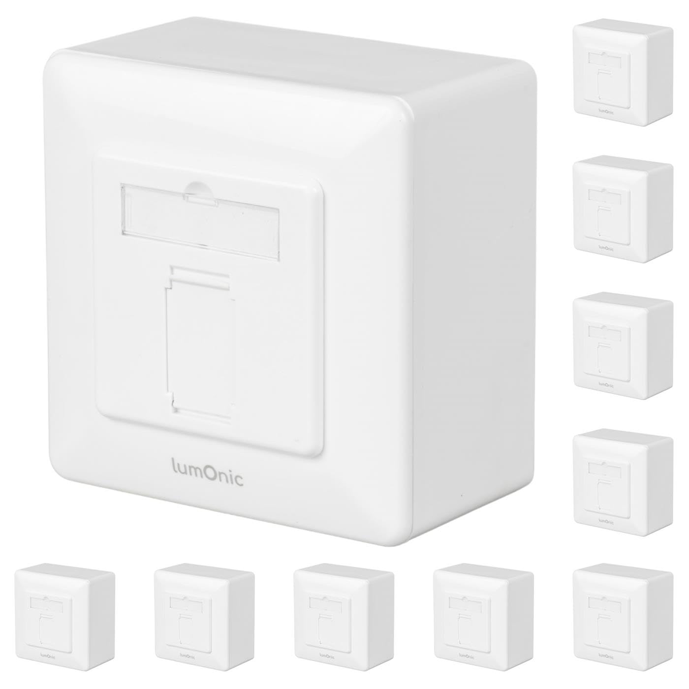 Lumonic Lot de 10 Prise réseau en saillie CAT7 | 1-Port RJ45 | à Mettre en Place sans Piler | Montage LSA, T568A/B avec Code Couleur | Boîtier ABS, Blanc | Prise Ethernet jusqu'à 10 Gbit/s