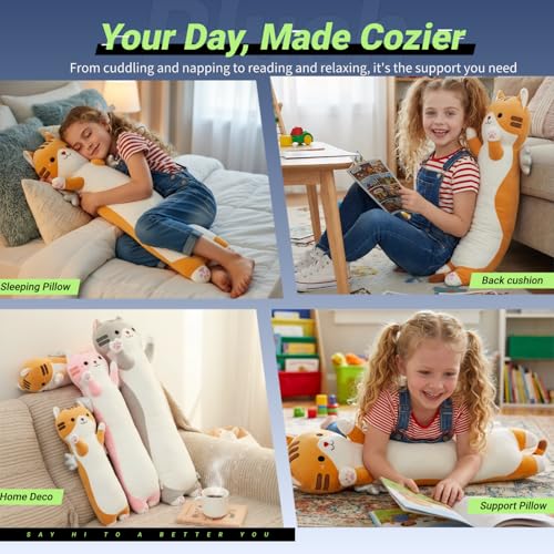 Image of Long Cat Plush Pillow, Cute Cat Stuffed Animal Body Pillow with Wings, Soft Kawaii Kitty Hugging Pillow, Christmas Valentine's Birthday Gift for Kids Girls Boys (Yellow, 60cm /23.62in)