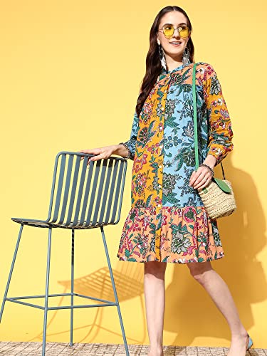 Image of Indo Era Women's Cotton Floral Printed Midi A-Line Ethnic Dress