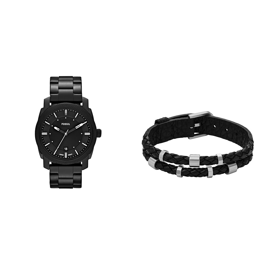 Fossil Herren Machine Schwarze Edelstahl Uhr und Bronson Silberfarbener Armband, Set