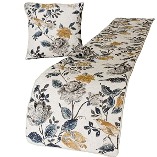 The Homecentric King/Queen/Twin Blue & Ivory Designer King 90"X18" Bed Runner With Pillow Cover, Bird, Pearl & Quilted Bed Scarf On Linen Fabric - Vintage Birdena #TOP14