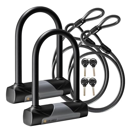 Via Velo 2 Bike Lock Sets with Same Key System Heavy Duty Anti-Theft Bicycle U Locks with 8 mm x 4.92ft Braided Steel, 4 Keyed Alike Keys for E-Bike, Scooter Mountain Road Bike