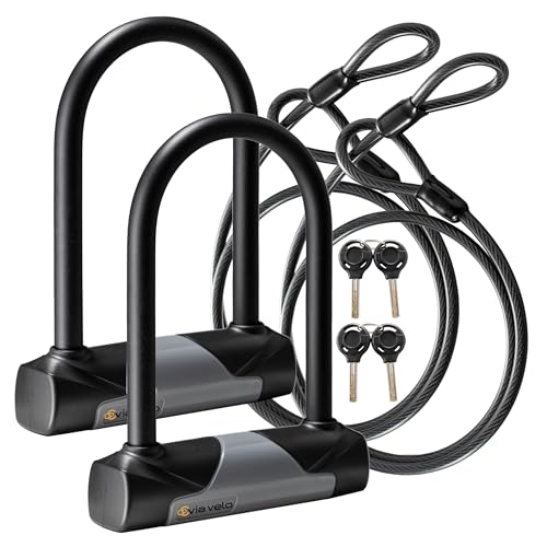 Via Velo 2 Bike Lock Sets with Same Key System Heavy Duty Anti-Theft Bicycle U Locks with 8 mm x 4.92ft Braided Steel 4 Keyed Alike Keys for E-Bike Scooter Mountain Road Bike