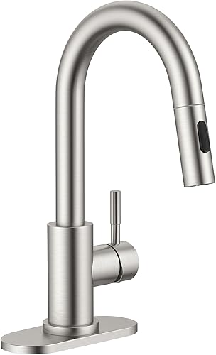 APPASO Grifo de fregadero de barra, grifo de cocina de acero inoxidable con rociador extraíble, moderno grifo de arco alto de una sola manija, grifo