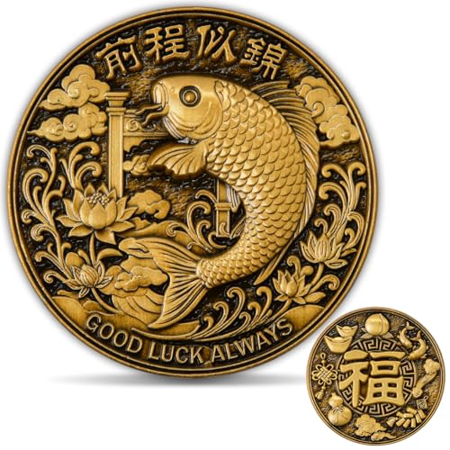 Lucky Coin with Koi Fish and Chinese Fu Symbol – Good Luck Charm for Prosperity & Success – Collectible Challenge Coin, Fortune Amulet, Lottery Ticket Scratcher Tool, Poker Card Guard Gift