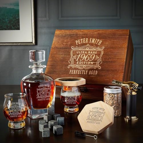 Black Diamond Personalized Whiskey Smoker Kit - 14pc Oakmont Cut Crystal Glasses, Whiskey Stones, and Luxury Box Set (10PC Smoker with Kentucky Bourbon)