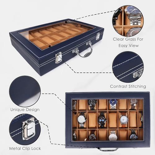 Image of LEDO Watch Box Organizer with 24 Slots, PU Leather Case, Transparent Display, Blue and Cream Interior, Metal Clasp Lock, Rectangular Storage for Men and Women