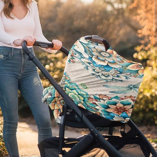 Image of ZFRXIGN Boho Dragonfly Car Seat Covers for Baby Girls Nursing Cover Scarf Infant Stroller Cover Multi Use Soft Stretchy Carseat Canopy Baby Car Seat Cover Western Flower
