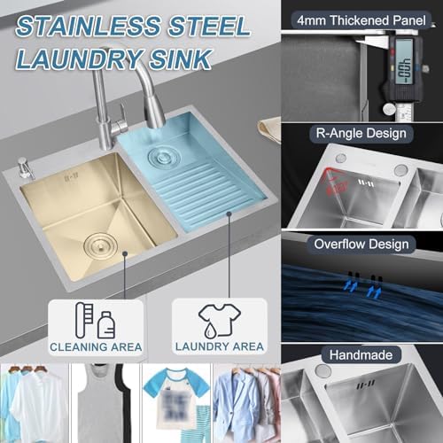 Stainless Steel Double Bowl Laundry Sink with Washboard & Pull-Out Faucet, Easy to Clean Household Wash Basin for Bathroom & Utility Room Use