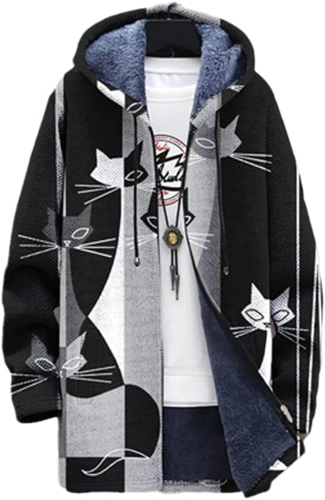 TAKSUN Vintage 3D-Printed Patchwork Hooded Coat Men's Fall Zipper Mid-Length Jacket Winter Long Sleeve Men's Cardigan