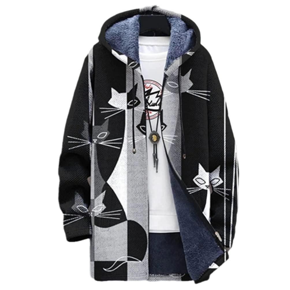 TAKSUN Vintage 3D-Printed Patchwork Hooded Coat Men's Fall Zipper Mid-Length Jacket Winter Long Sleeve Men's Cardigan