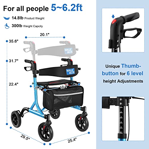 WALK MATE Rollator Walker for Seniors with Cup Holder, Upgraded Thumb Press Button for Height Adjustment, 4 x 8 Wheels Walker with Seat Padded Backrest Folding Lightweight Walking Aid, Blue - Thumbnail 2