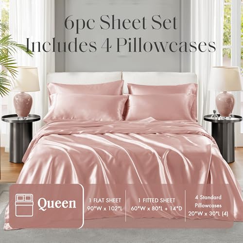 Image of Madison Park Essentials Satin Sheets Queen Size Bed Set, 6 Piece, Blush
