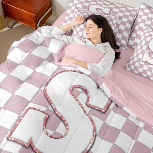 Image of Erosebridal Pink Initial S King Bedding Set 7 Piece Kawaii Plaid Checkered Bed in A Bag with Sheets Cute Personalized Monogram Comforter Set for Kids Girls Teen Women,Fashion Grids Gingham Bed Sets
