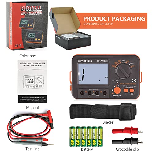 Isolationsmessgerät Isolationswiderstandstester Digitales Ohmmeter Megohmmeter GR-VC60B+ DCV Megohmmeter Spannungsprüfer 250/500/1000V ACV Megohm 750V mit 1999 Zählung Großes LCD Isolationsmessgerät