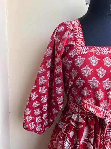 Red Cotton Square Neck A Line Long Maxi Dress with Waist Belt | Cotton Block Print Summer Dress | Western Wear Dress2