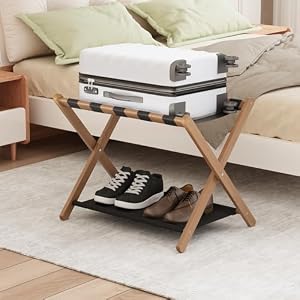 Smuxee Walnut Bamboo Luggage Rack for Guest Room, Foldable Suitcase Stand with Storage Shelf, Easily Assembled Luggage Stand with 5 Nylon Straps for Guest Room Bedroom Hotel