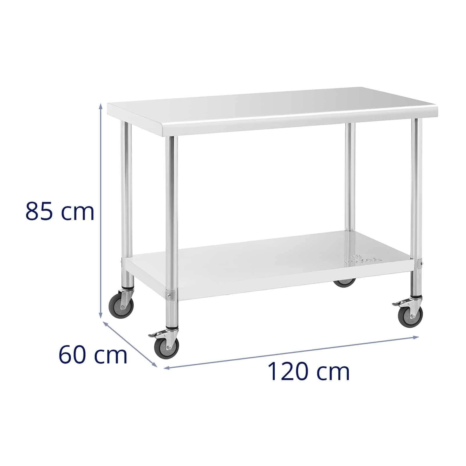 Royal Catering RCAT-120/60-W - Mesa de trabajo con ruedas (acero inoxidable, 60 x 120 cm, capacidad de carga: 158 kg)