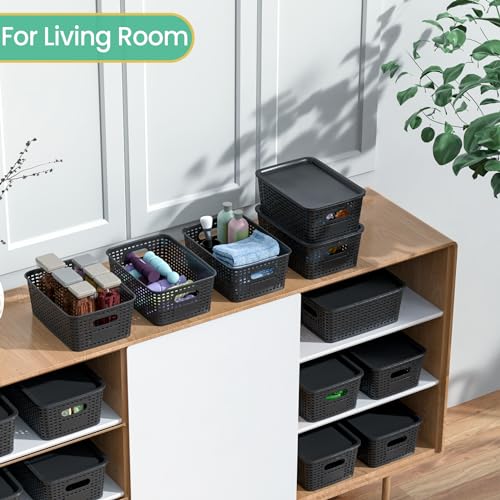 Image of Plastic Storage Baskets with Lid-Plastic Storage Containers Stackable Storage bins: Storage Baskets for Organizing Shelves Drawers Desktop Closet Playroom Classroom Office, 8Pack-Black10.2x7.2x4.1Inch