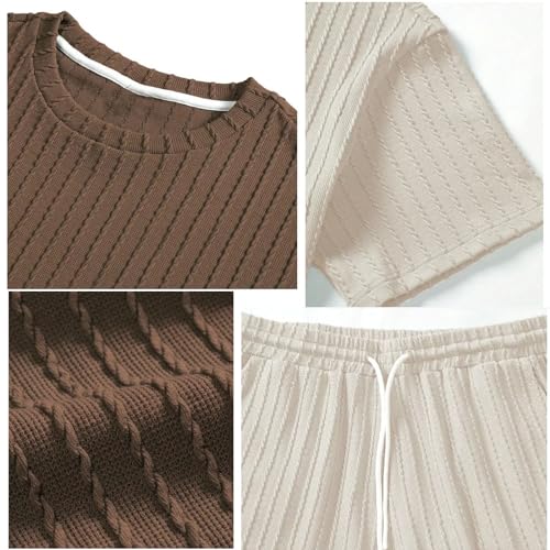 Men's Casual Textured Printed Short Sleeve Tee & Drawstring Waist Shorts Set, for Men Summer Print Top Pants Set3