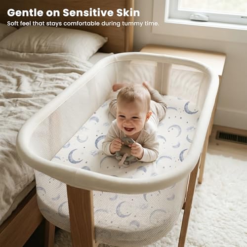 Image of Konssy 3 Pack Stretchy Bassinet Sheets for Baby Girl Boy, Soft Breathable Baby Bassinet Mattress Sheets Fit for Hourglass Oval Cradle, Moses Basket Rectangle Mattress (Blue Moon)