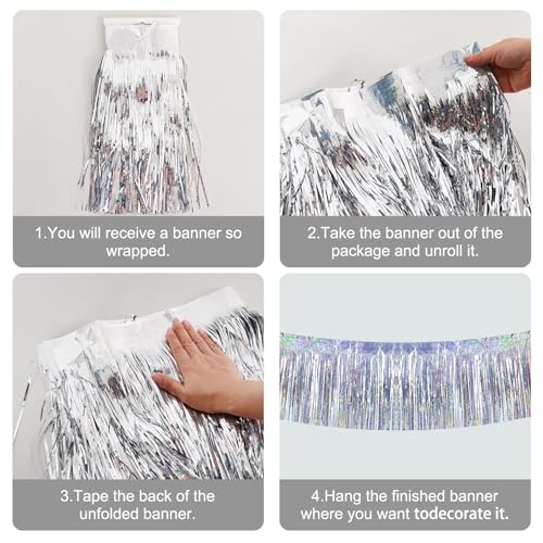 Image of BEISHIDA 3 Packs 30 Feet Metallic Foil Fringe Garland Tinsel Streamers，Laser Silver Wall Hanging Tinsel Fringe Banners for Wedding Birthday Party Decoration Halloween Christmas New Year