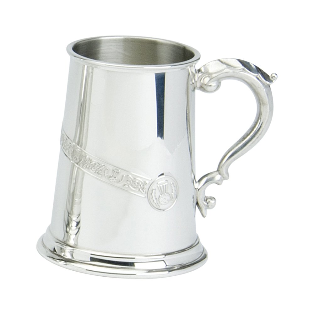 Edwin Blyde & Co 1 Pint Tankard with Solid Metal Base - Rolled Celtic/Thistle - Standard handle, Pewter