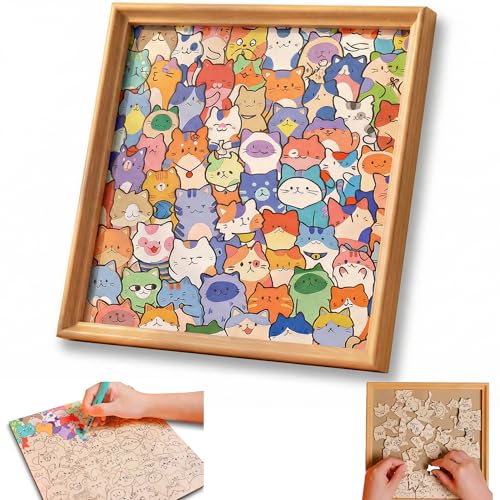 DIY Wooden Cat Puzzle Frame 75 Colorable Puzzle Pieces Comes with 12 Coloring Pens Creative Art Craft Set Suitable for Adults Unique Handmade Gift for Cat Lovers Home Decor