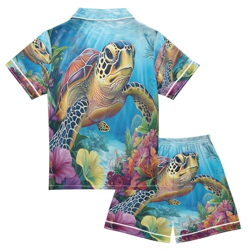 ALAZA Sea Turtle Flower Blossom Satin Pajamas Set Short Sleeve Button Down Sleepwear Summer Pjs 2 Piece2
