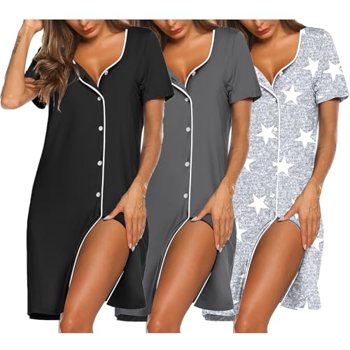 Image of Ekouaer Nightgowns for Women 3 Pack Sleep Shirts Button Down Pajama Dress Short Sleeve Nightshirt Sleepwear Nightdress