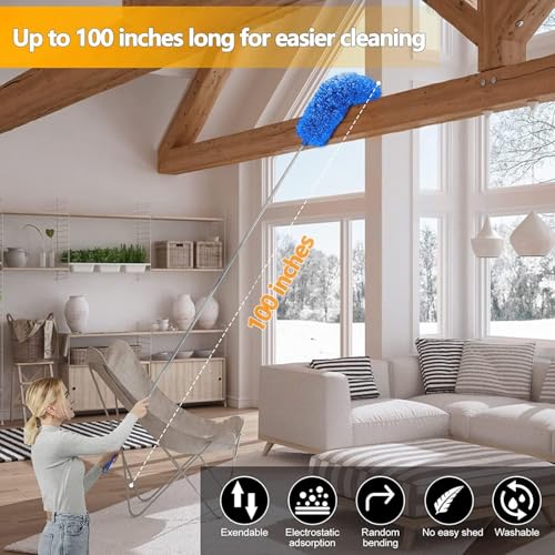 Image of Microfiber Feather Fan Cleaning Duster with 100 inches Expandable Pole & Bendable Duster Head for Dusting High Ceiling Cobweb Fans Window Blinds Furniture Home Dust Cleaner Mop Stick