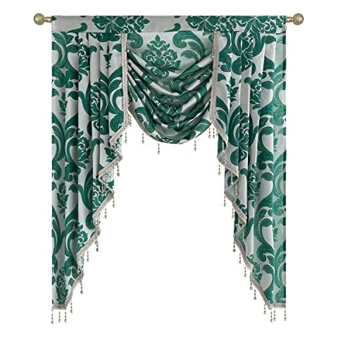 NAPEARL Window Valances for Living Room, Jacquard Luxury Valance Curtains for Windows, Emerald Green Rod Pocket Waterfall Valance with Swags, 41-Inch Wide Cover