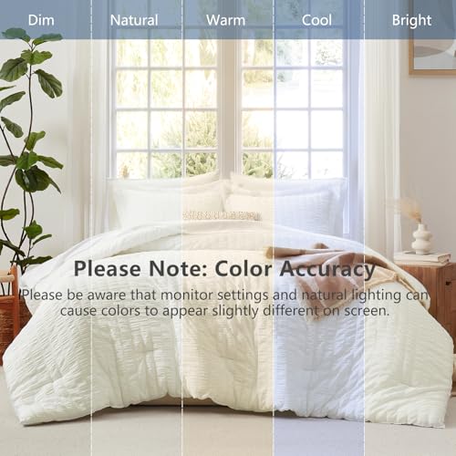 Image of CozyLux Oversized King Comforter Set with Sheets, 7 Pieces 120 inchx98 inch Ivory Seersucker Bed in a Bag, Luxury Soft Bedding Sets with Down Alternative Comforter, Sheets, Pillowcases & Shams for All Seasons