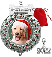 Dog Christmas Photo Ornament - Dated 2022 with Dog Bone and Paw Print Charm - Green 