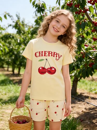 Image of KIDLAGA Girls Two Piece Sets Cherry Pattern Short Sleeve Shirts and Shorts Set With Pockets Girls Summer Outfits Size 7-14