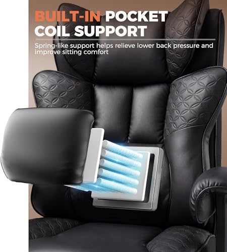 GTPLAYER Big and Tall Office Chair 400LBS Wide Ergonomic Gaming Chair with Deluxe Embossing Designed Leather with Foot Rest,150°Reclining Adjustable Soft Armrests Pocket Spring Back Support and Pillow